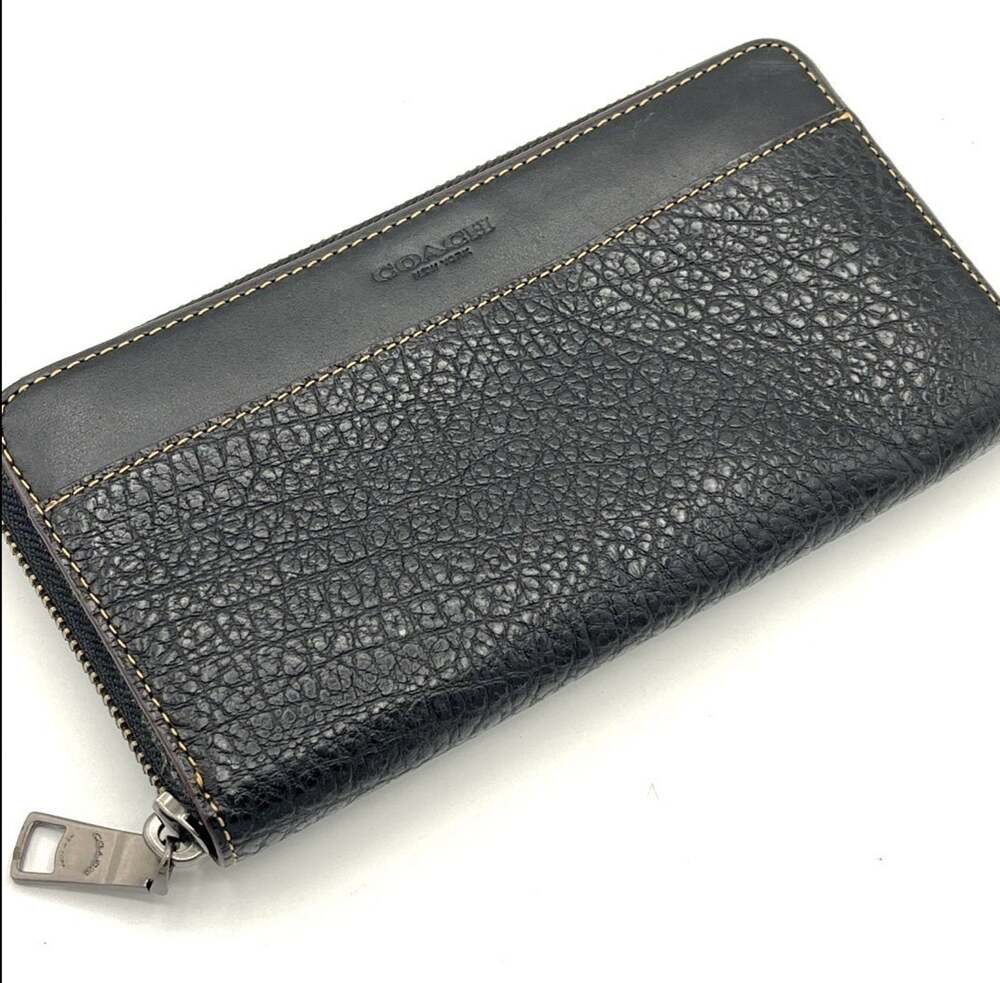 Coach Mens Black Textured Leather Accordion Zip Around Wallet Contrast Stitching